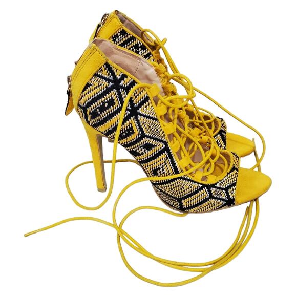 Madison by Shoe Dazzle | Knit Patterned Lace Up Strappy Peep Toe Stiletto Heels - Picture 1 of 11